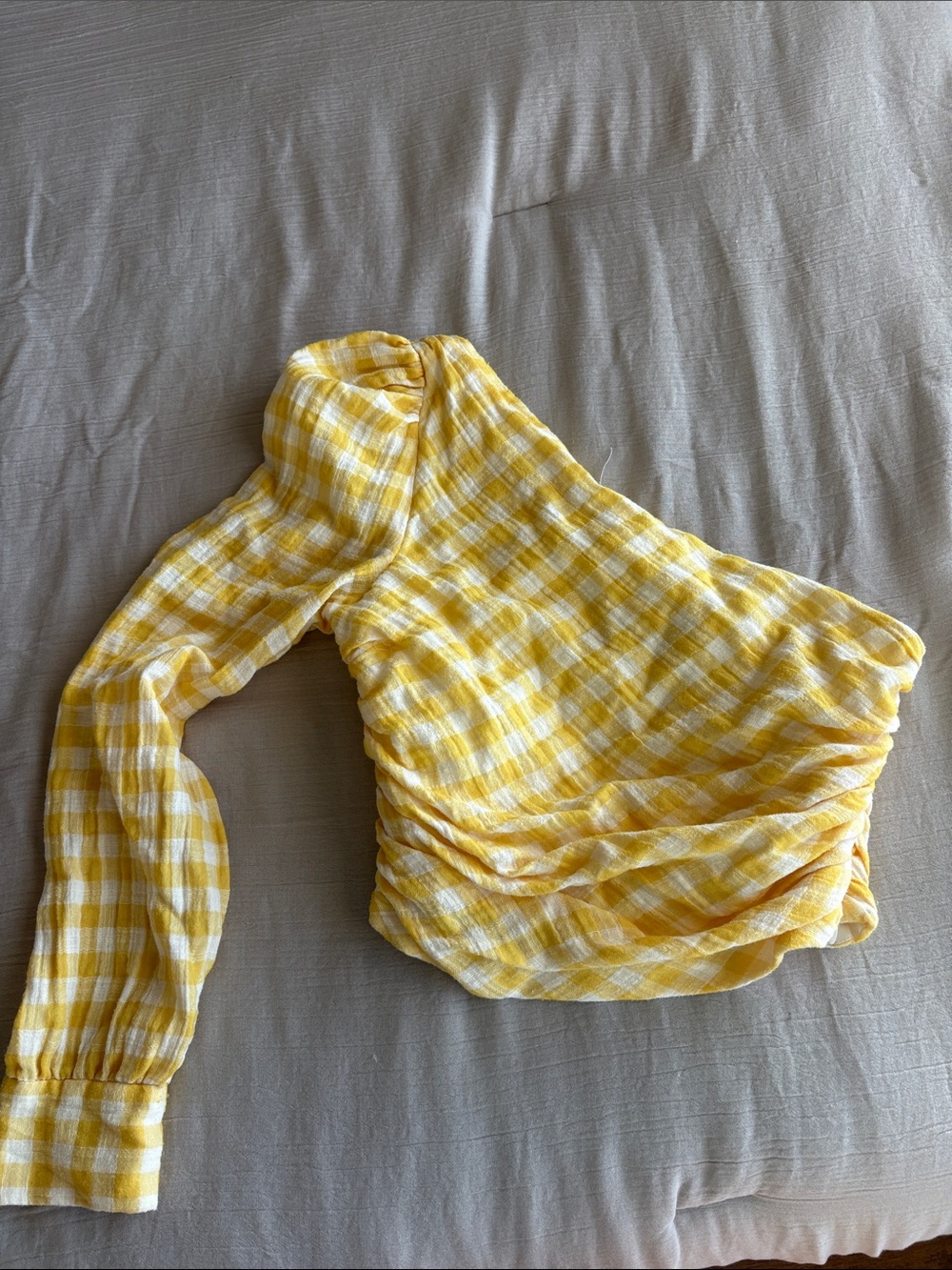 Zara Yellow Gingham One-Shoulder Ruched Crop Top